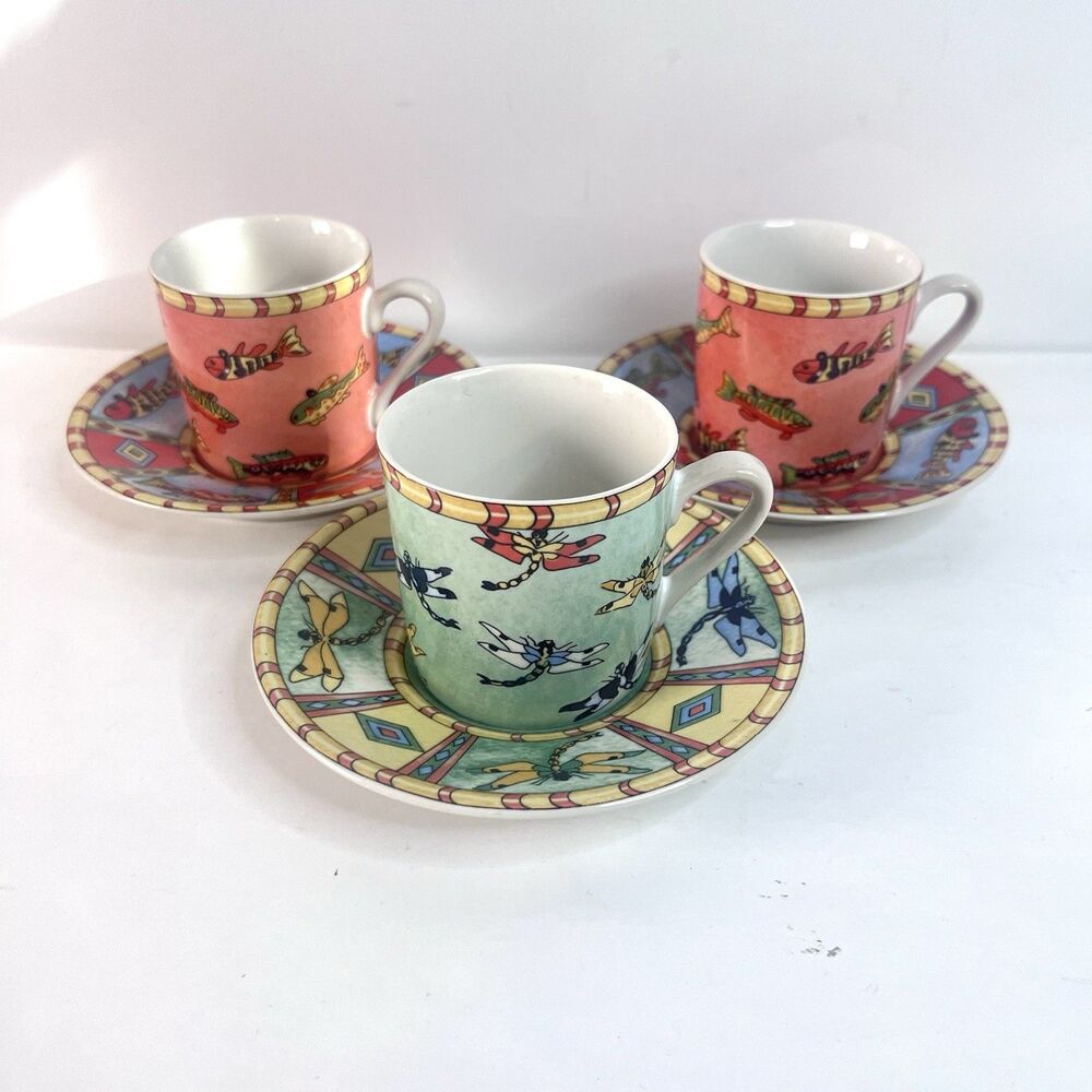 VTG. Essex Collection Splash by Siddhia Hutchinson Demitasse 3 Cup & Saucer Set